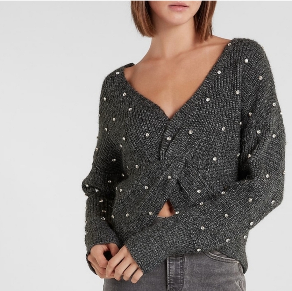 Express Embellished Rhinestone Twist Reversible Sweater